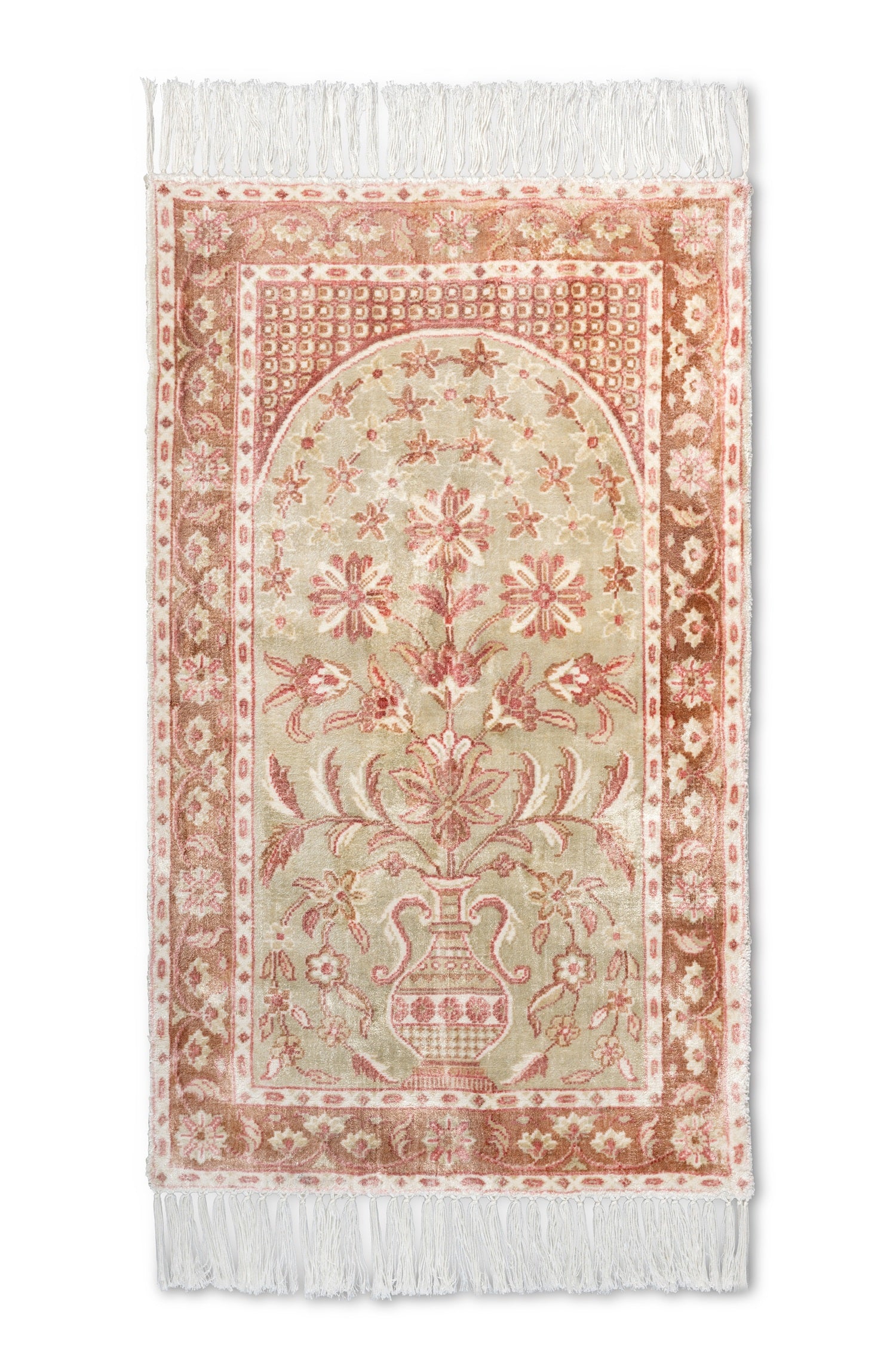 Light Gold & Mocha Handmade Viscose Prayer Rug – Zynah Rugs